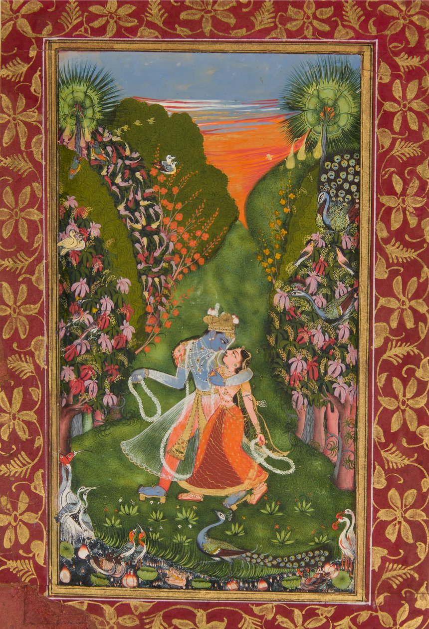 Radha en Krishna wandelen in een bloeiende tuin recto, Krishna fluitend verso, ca. 1720 r, ca. 1750-75 v door Kota Master
