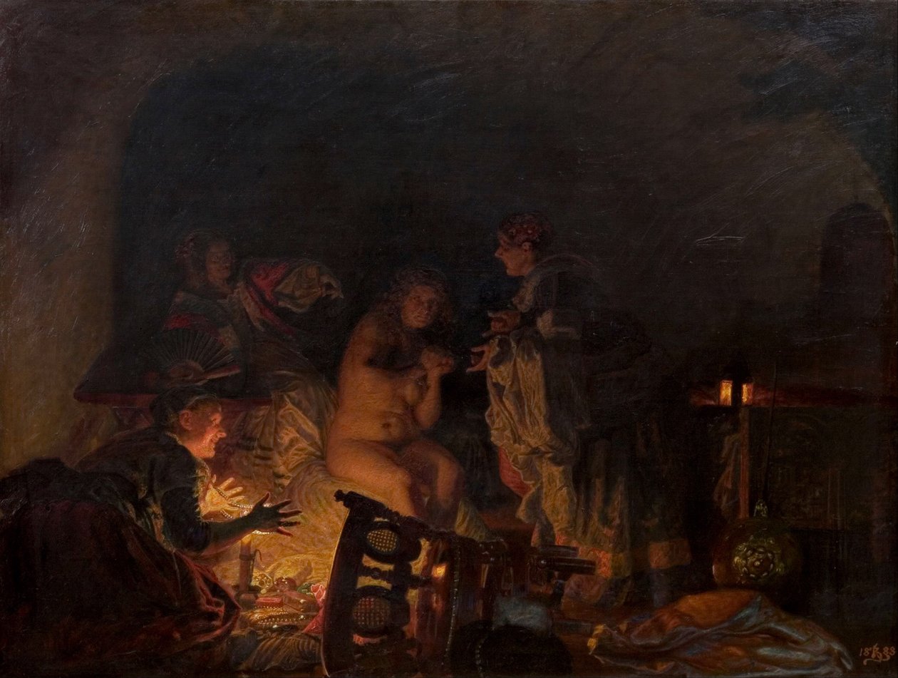 Leonora Christina uitgekleed en doorzocht door dienaren van koningin Sofie Amalie, 1888 door Kristian Zahrtmann