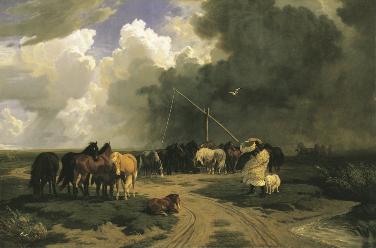 Paarden in een regenbui door Károly Lotz