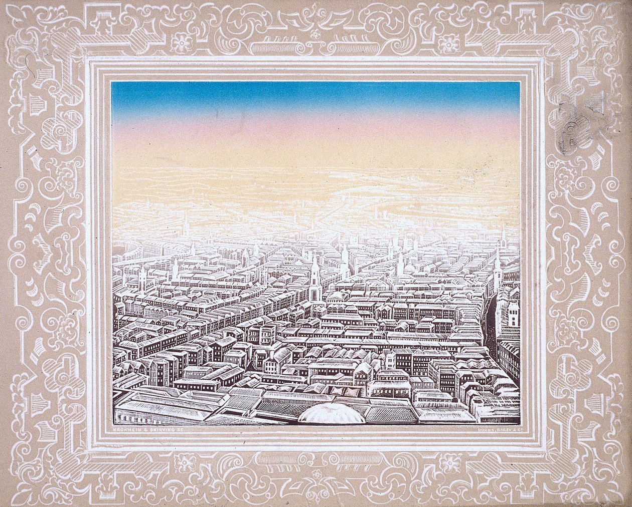 Luchtfoto van Londen in een decoratieve rand door Kronheim and Co