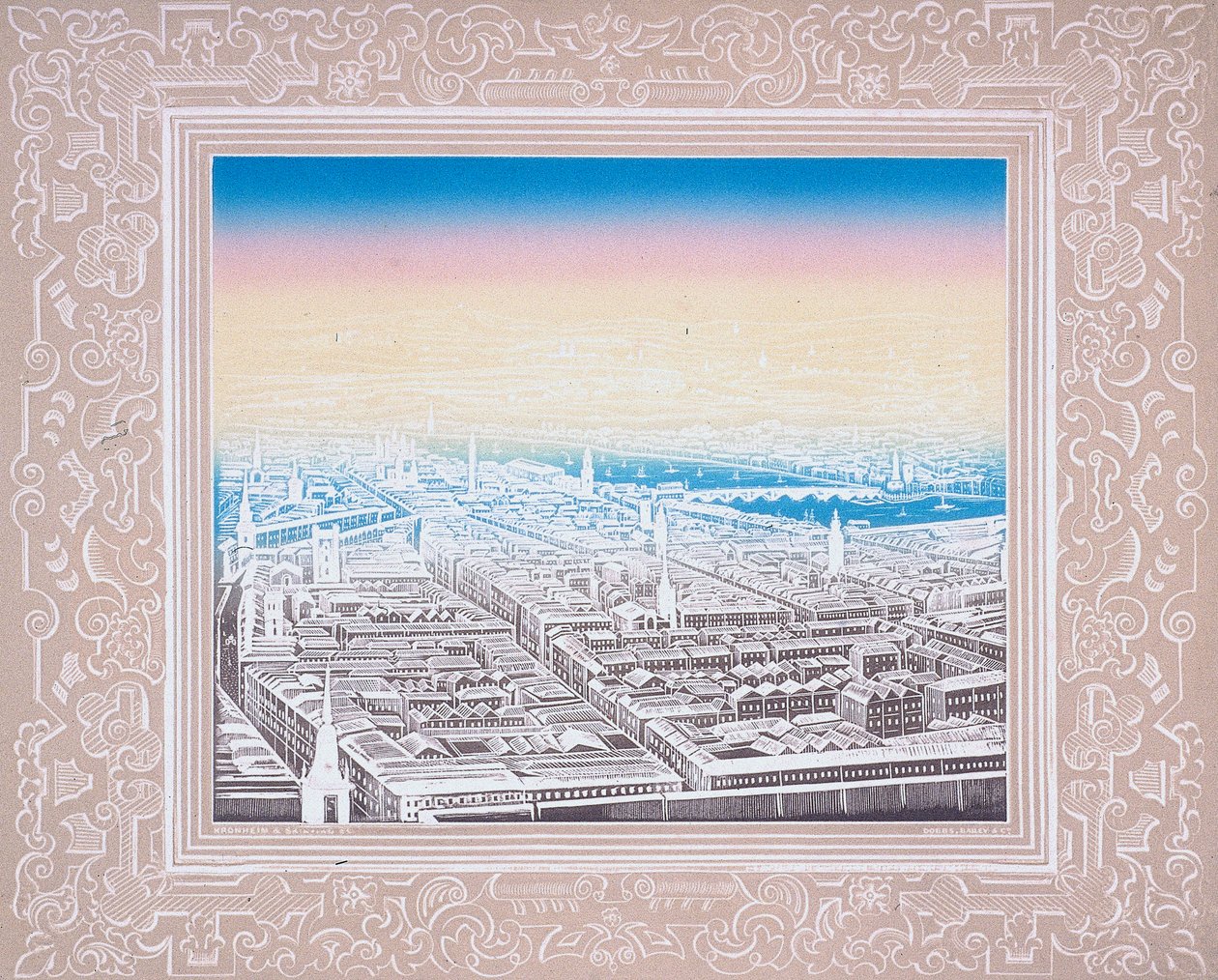 Luchtfoto van Londen in een decoratieve rand, ca. 1845 door Kronheim and Co