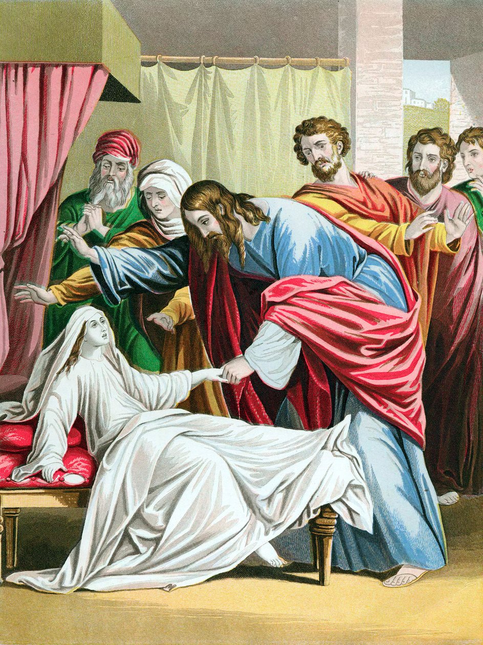 Christus wekt de dochter van Jairus, gouverneur van de synagoge, uit de dood, ca. 1860 door Kronheim and Co