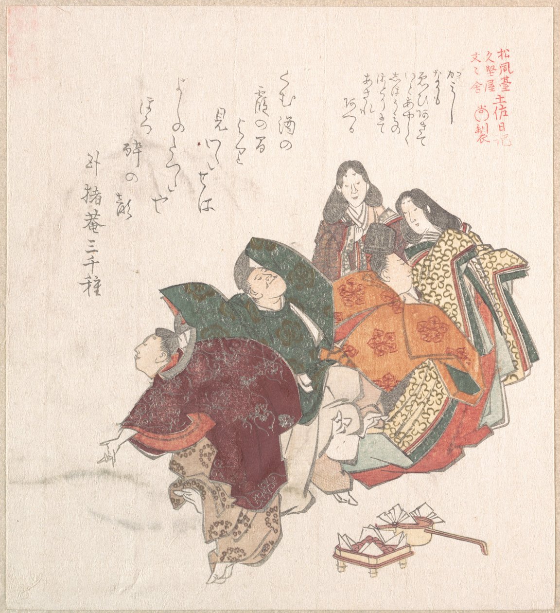 Dansende mannen en vrouwen in hofkostuums door Kubo Shunman