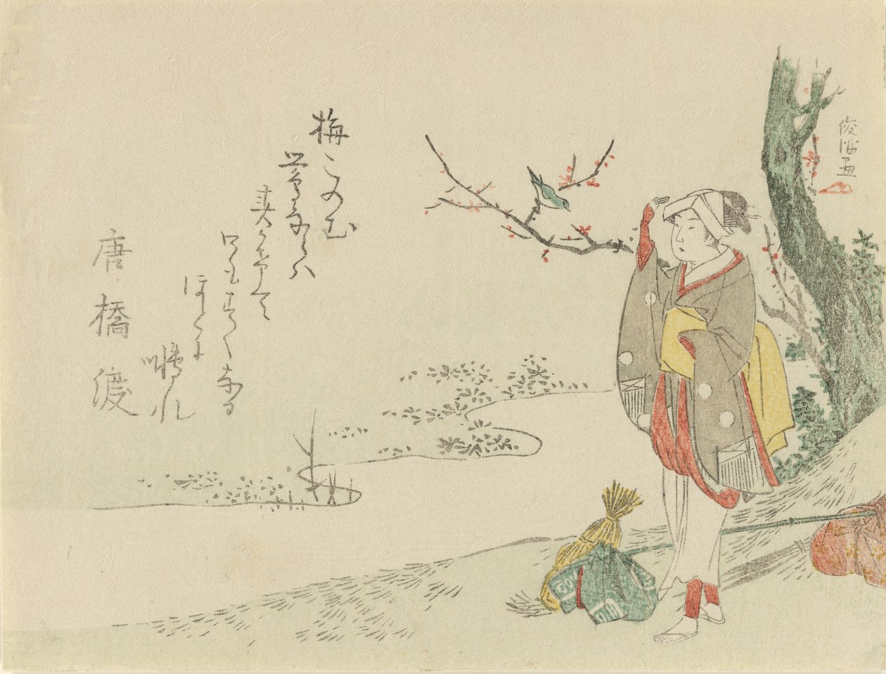 Reizende vrouw pauzeert om naar een zanger te luisteren, 1797 door Kubo Shunman