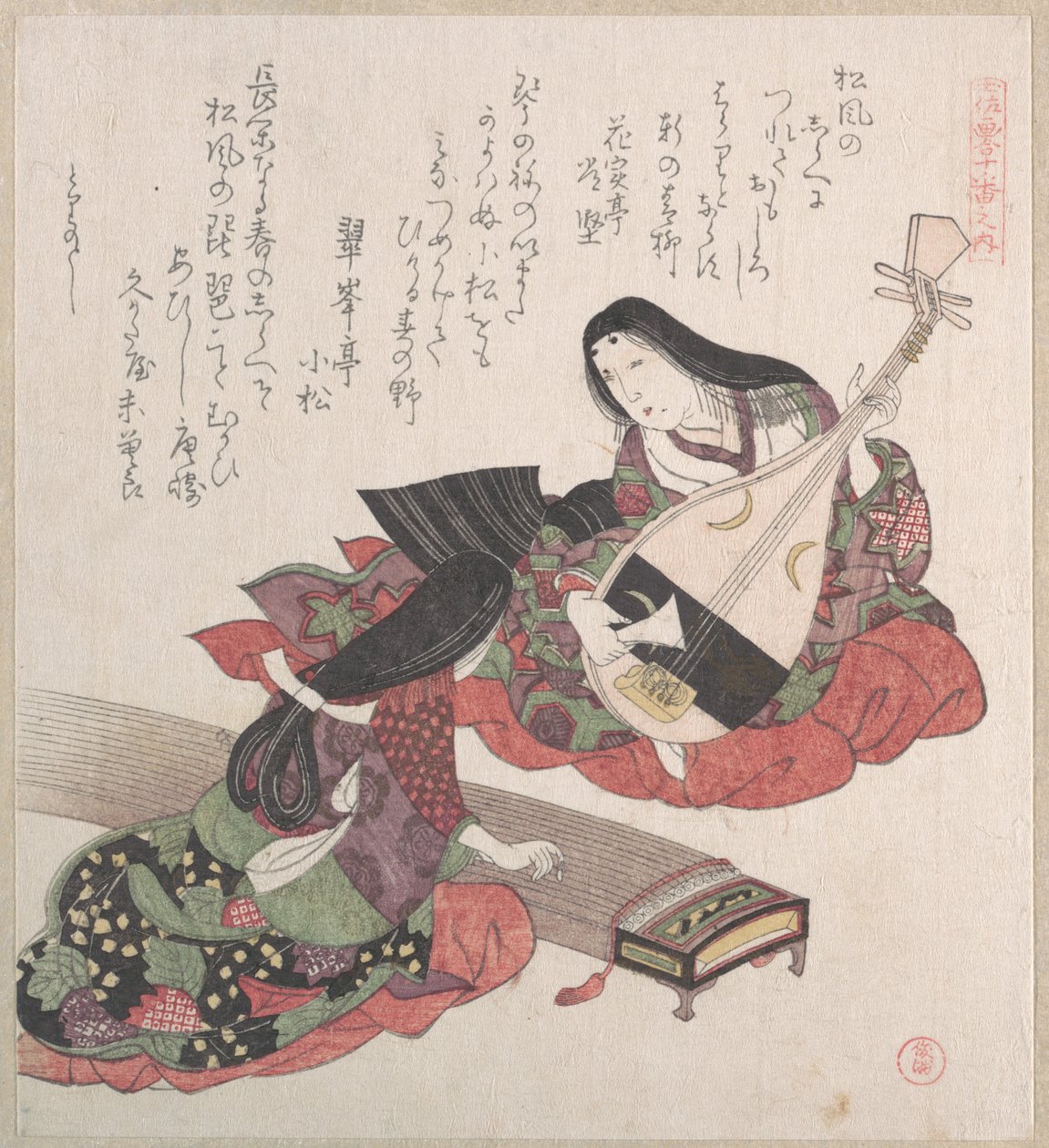 Twee dames; de ene bespeelt de biwa (Japanse luit) en de andere de koto (Japanse harp) door Kubo Shunman