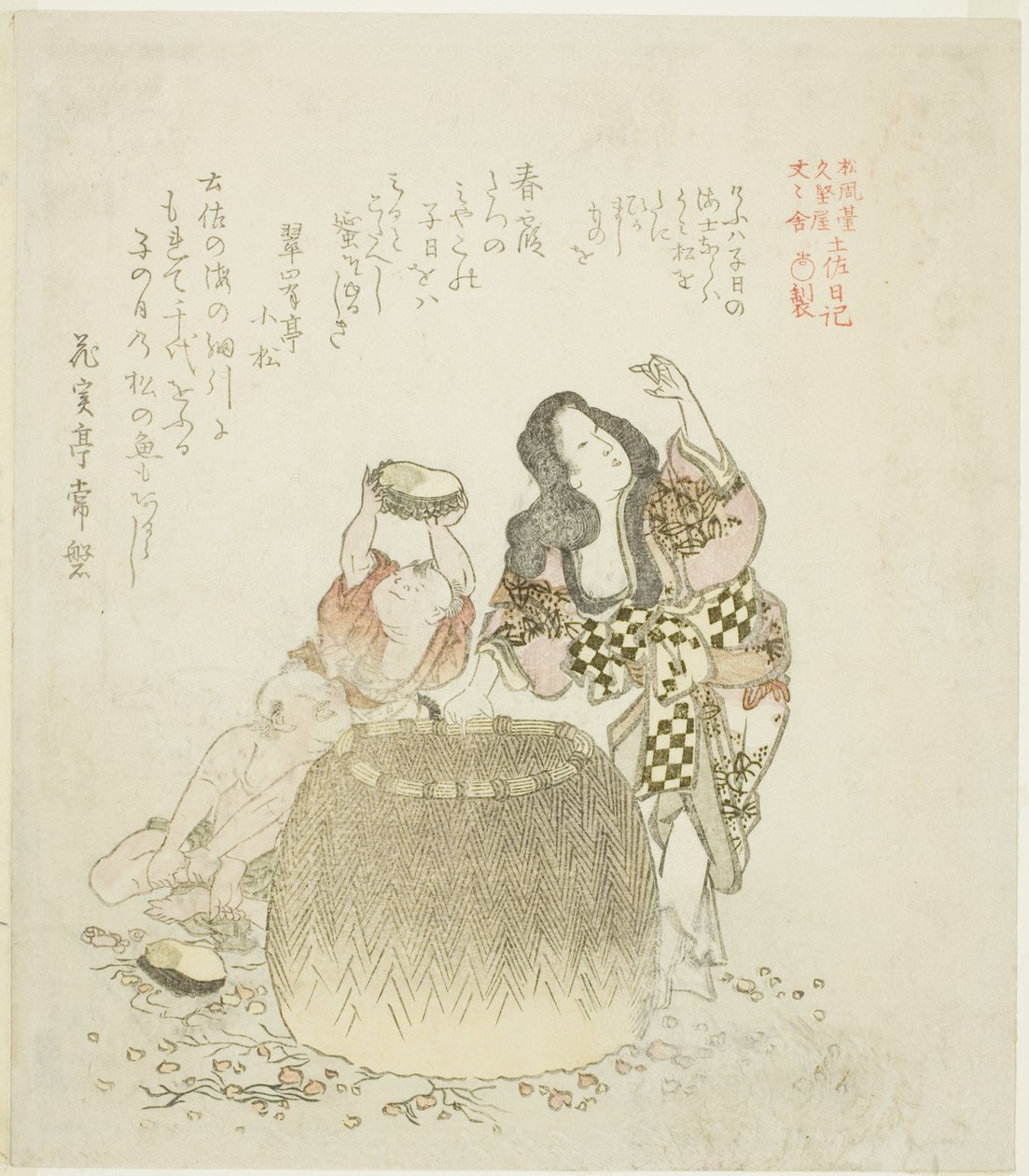 Vrouw en twee jongens die abalone verzamelen, uit de serie "Het Tosa Dagboek (Tosa nikki)" door Kubo Shunman