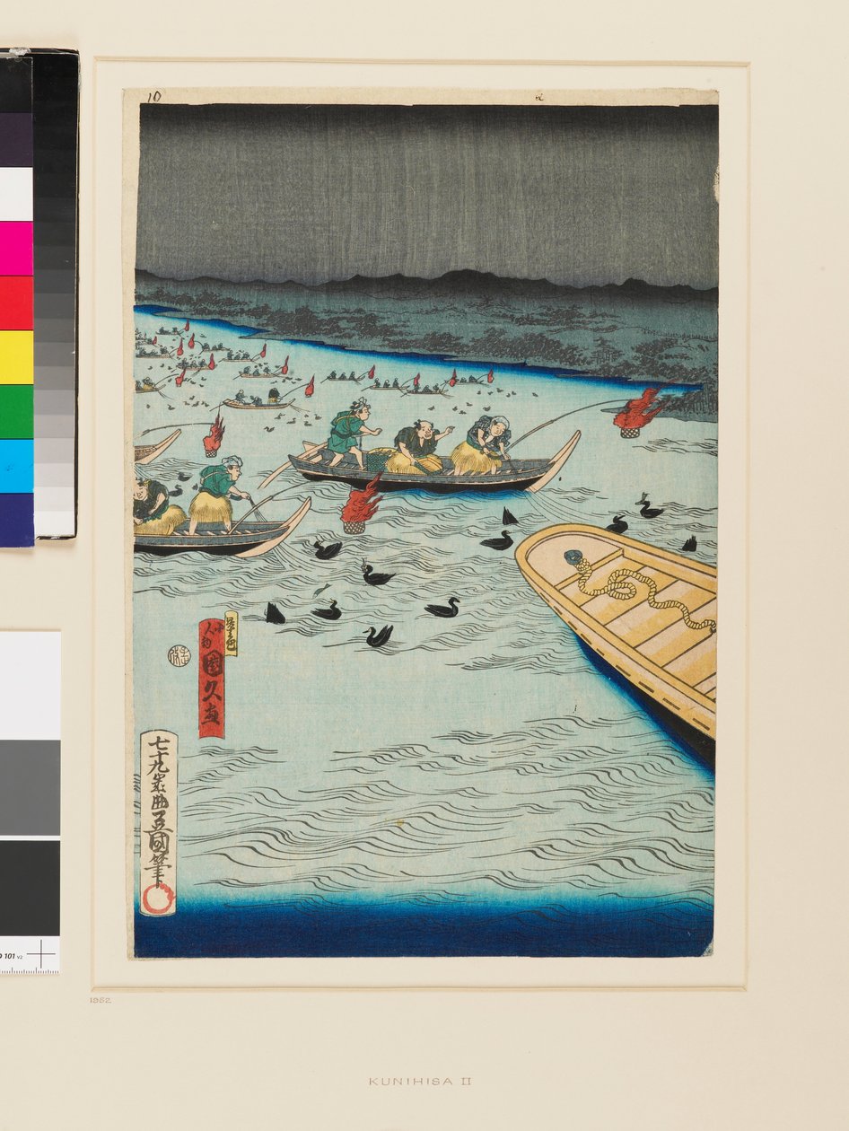 Vissen met aalscholvers bij nacht door Kunihisa II Utagawa