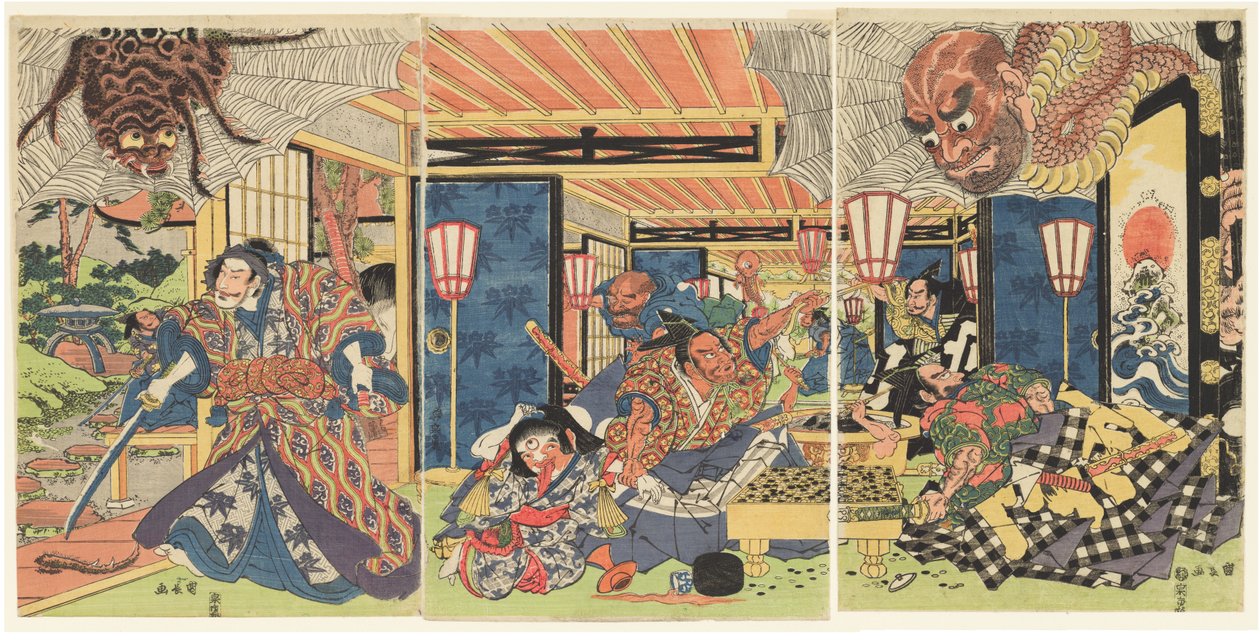 Minamoto no Yorimitsu en zijn handlangers verslaan de aardspin, ca. 1804-1818 (houtsnede (nishiki-e); inkt en kleur op papier) door Kuninaga Utagawa