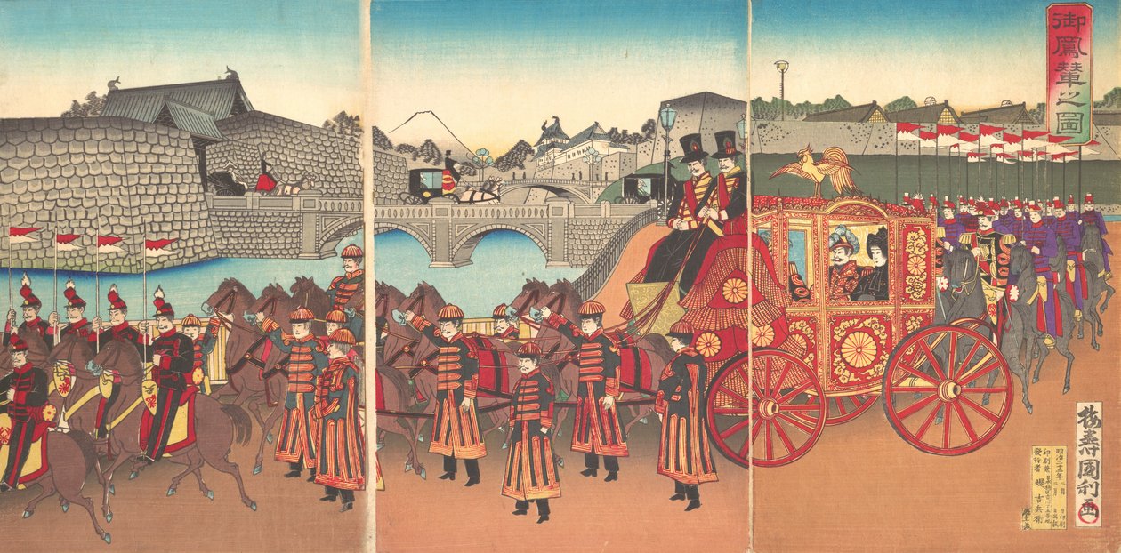 Zicht op de keizerlijke koets, 1889 Meiji 22, 1889 door Kunitoshi