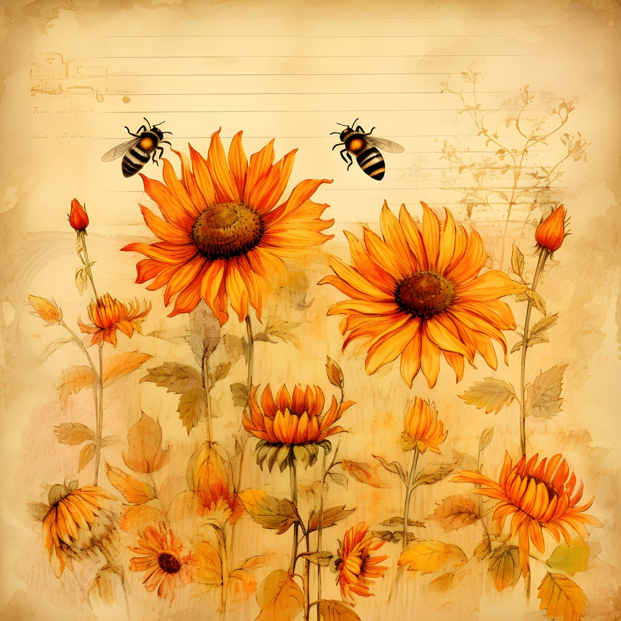 Aquarel zonnebloemen en bijen silhouetten met handgeschreven herfstgedichten 1 door Kurt Heppke