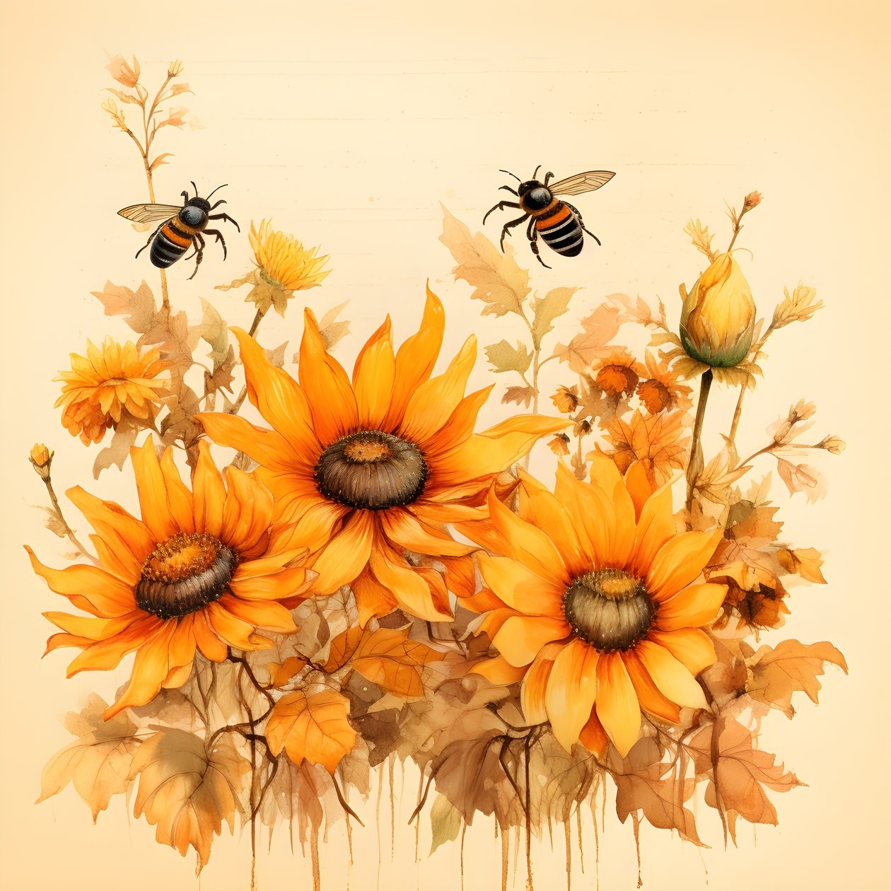 Aquarel zonnebloemen en bijen silhouetten met handgeschreven herfstgedichten 2 door Kurt Heppke