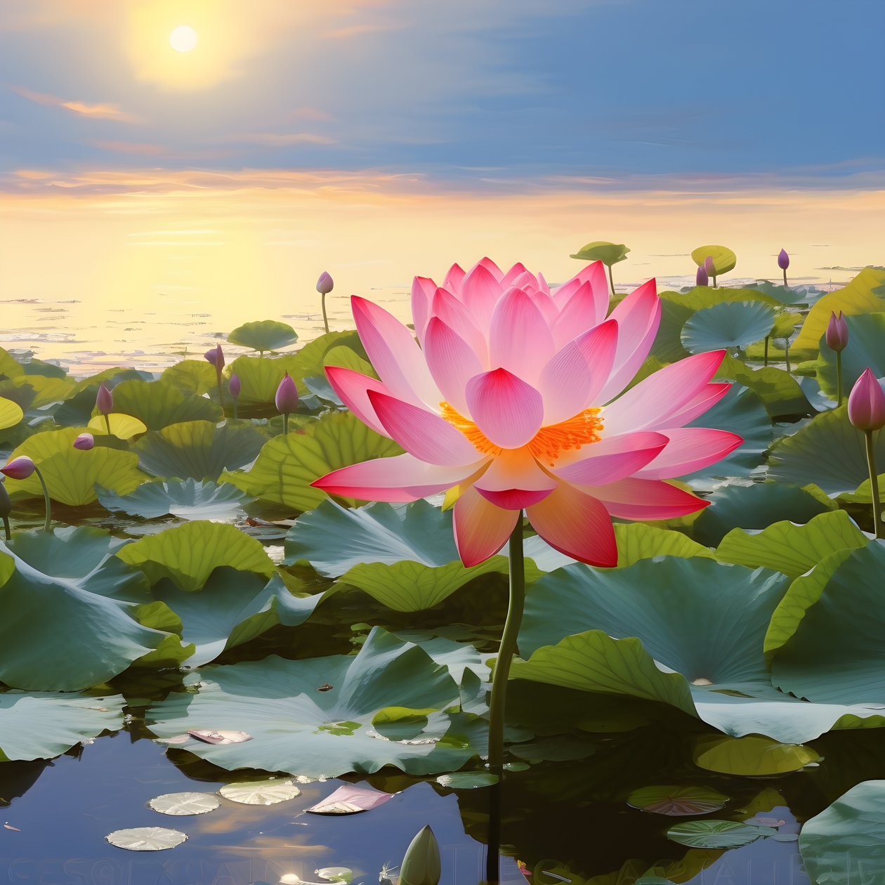 Op het heldere wateroppervlak bloeien grote en mooie lotus bloemen, groene lotusbladeren en dauw op de lotus bloemen. De zonsondergang schijnt op het wateroppervlak 2 door Kurt Heppke