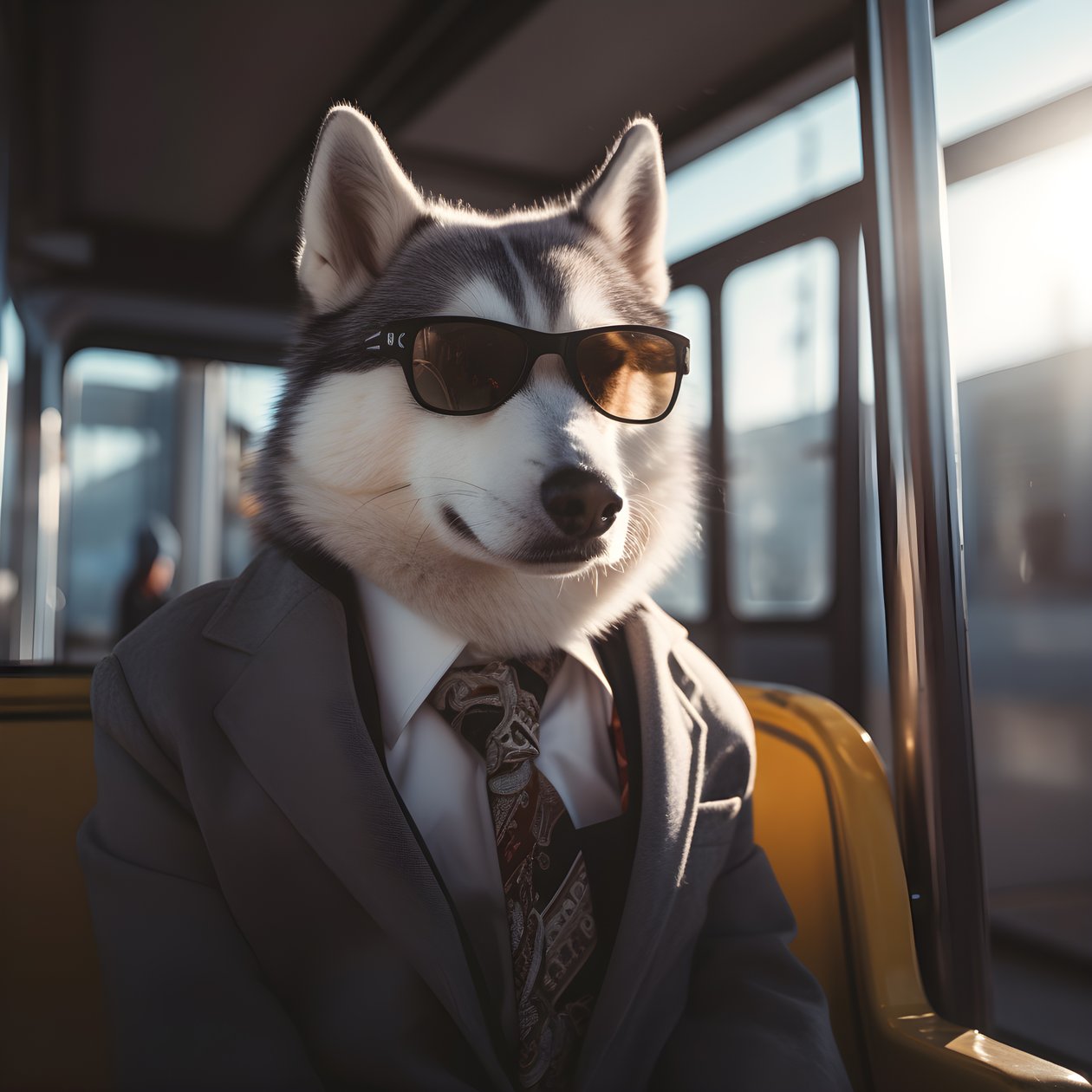 Een Siberische Husky hond in pak en met zonnebril bij het busstation, als een heer door Kurt Heppke