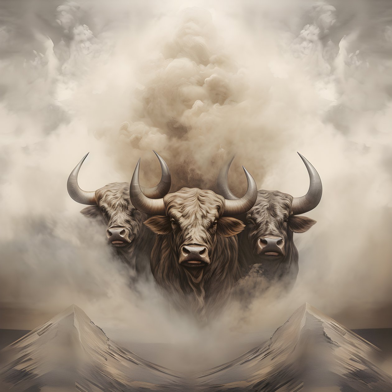 Een fractaal abstract canvas, beige-witte rooktextuur. 3 zwarte stieren die uit de rook opdoemen, met de berg Ararat aan de horizon. Houdingen herinneren aan stieren op Wall Street in New York. 1 door Kurt Heppke