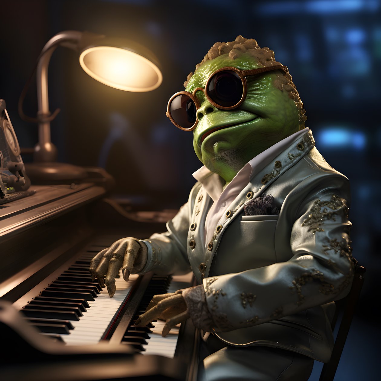 Elton John als kikker met zonnebril en piano 1 door Kurt Heppke