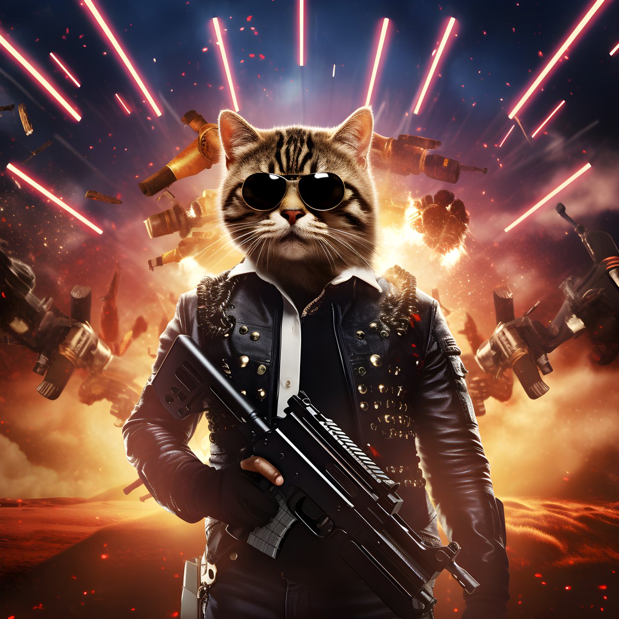 film poster van een kat die een zwart-wit gestippeld shirt en een glanzende zonnebril draagt, met explosies en kanonnen op de achtergrond door Kurt Heppke