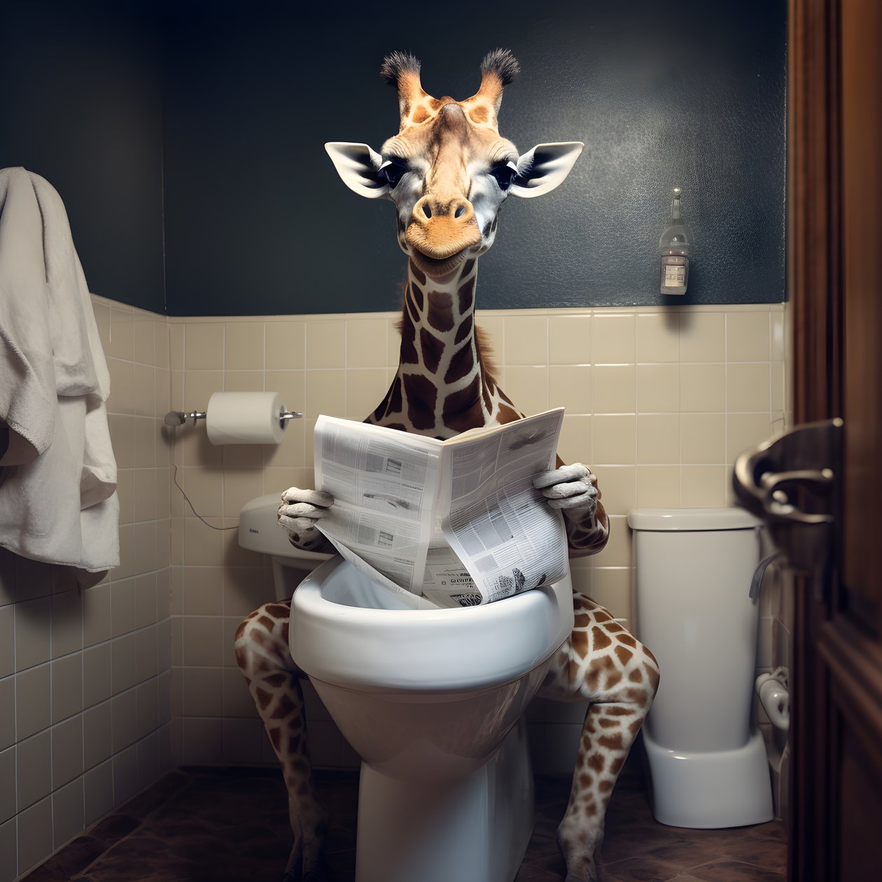 Gelukkige giraffe zit op toilet met krant 4 door Kurt Heppke