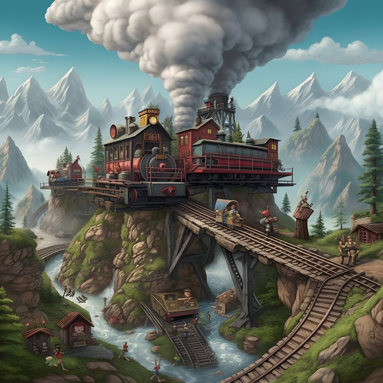 Mini-trein met 3 wagons en 1900 locomotief met 6 kinderen die op de trein spelen 3 door Kurt Heppke