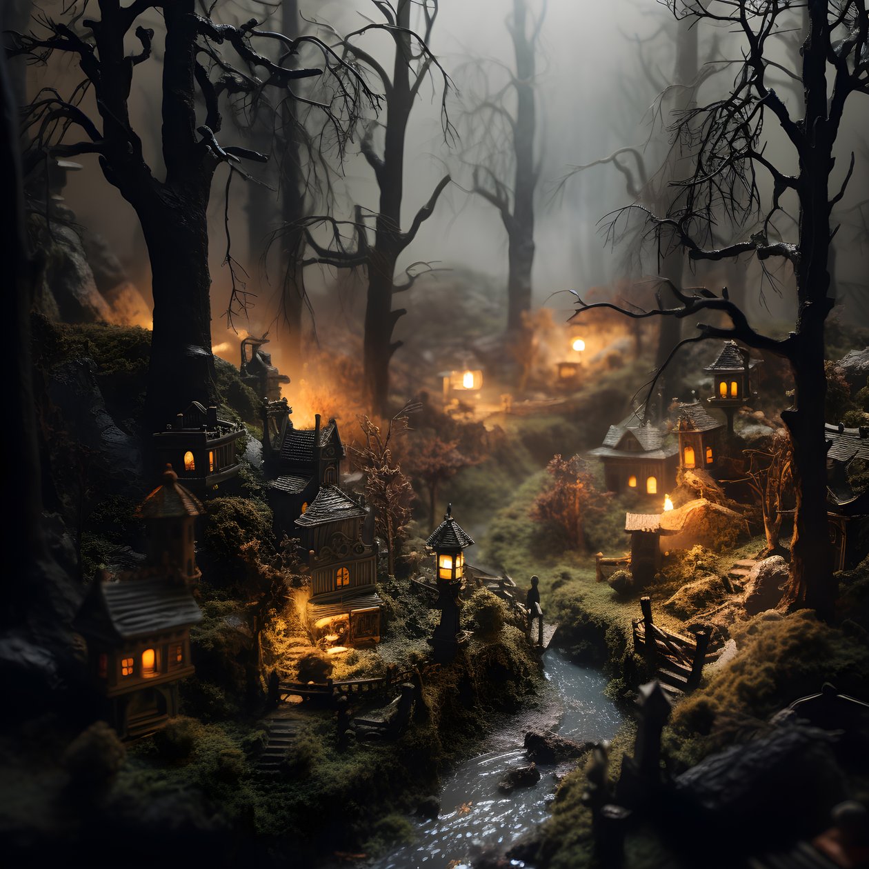 Miniatuur tilt-shift Halloween bos met mistige bomen en een spookachtige sfeer 2 door Kurt Heppke