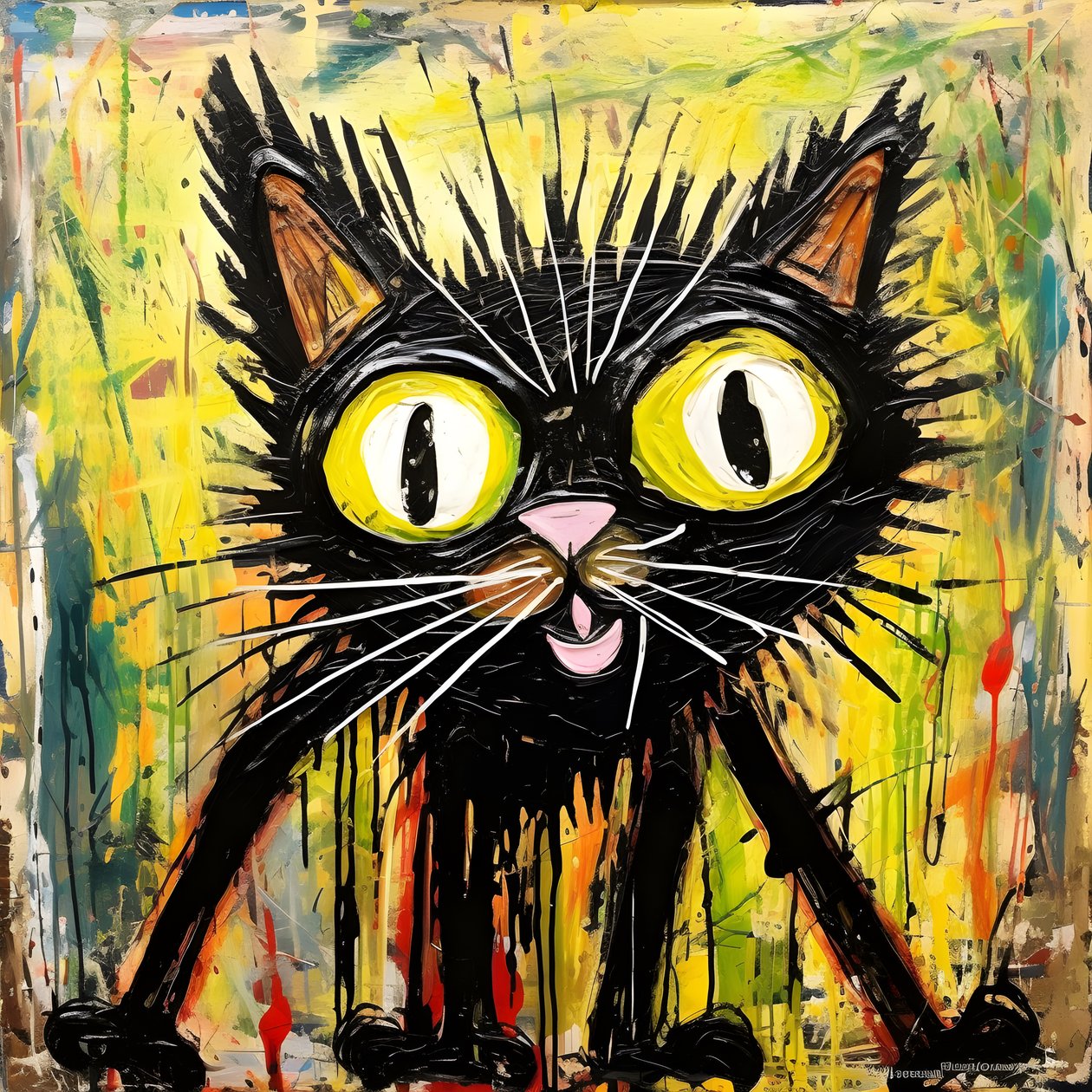 neo-expressionisme van een cartoonkat die nieuwsgierig omhoog kijkt 1 door Kurt Heppke