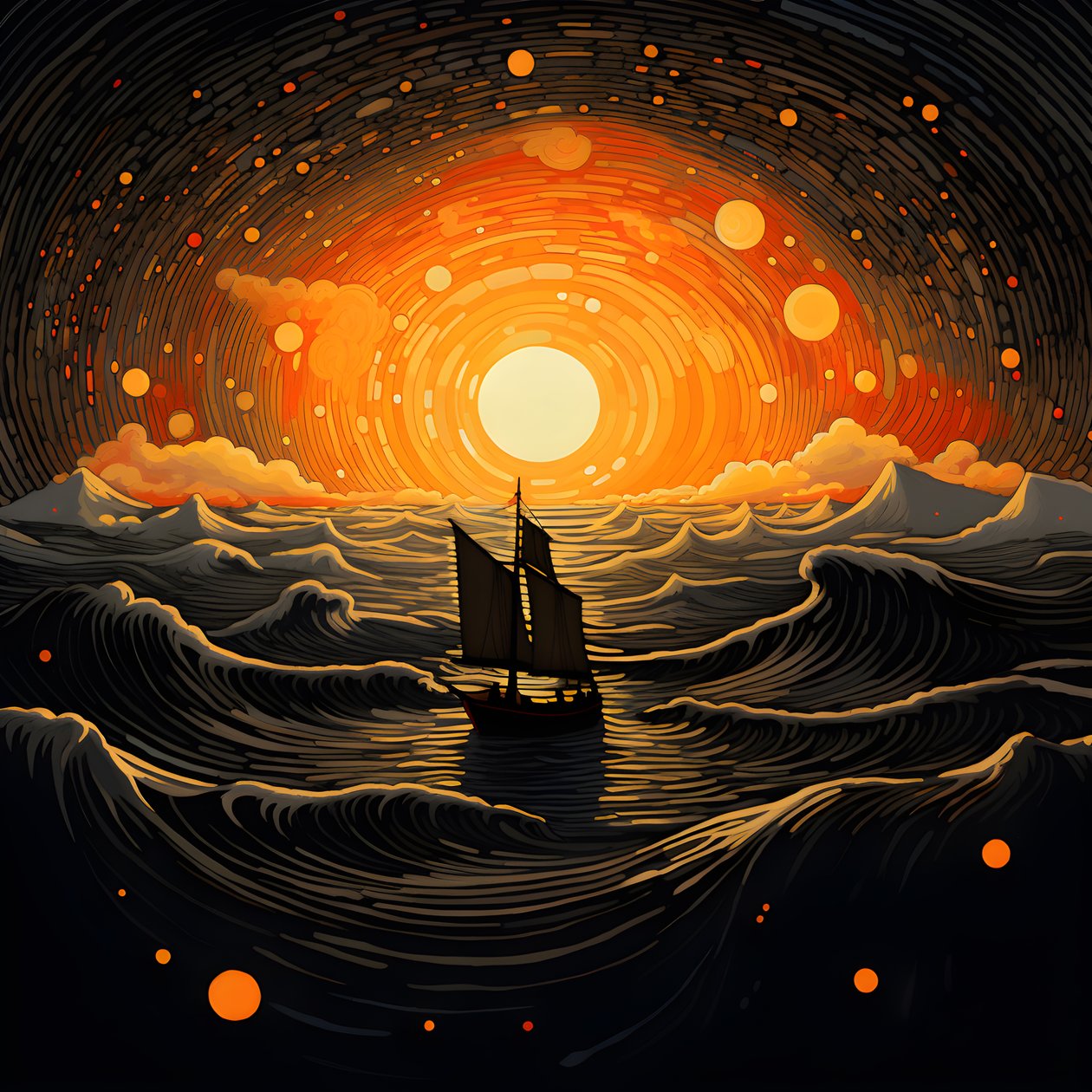 zonsondergang, oranje-gele zon, wolken, vijf roterende cirkels van wolken in een grote hemel, puntvormige golven en oranje-gele zonsondergangwolken die zich op de golven spiegelen, een boot vaart de zee op 3 door Kurt Heppke