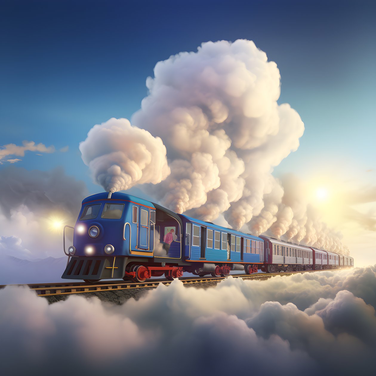 een snel bewegende sociale media trein die door de wolken vliegt aan een draadje 2 door Kurt Heppke