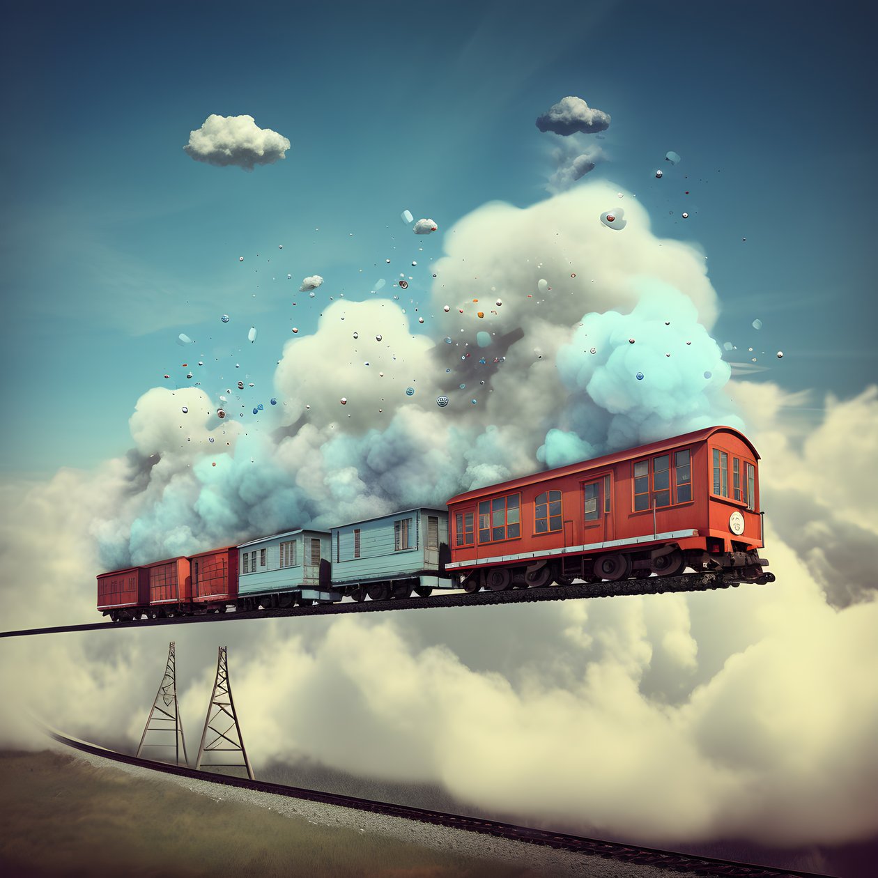 een snel bewegende sociale media trein die door de wolken vliegt aan een draadje 3 door Kurt Heppke