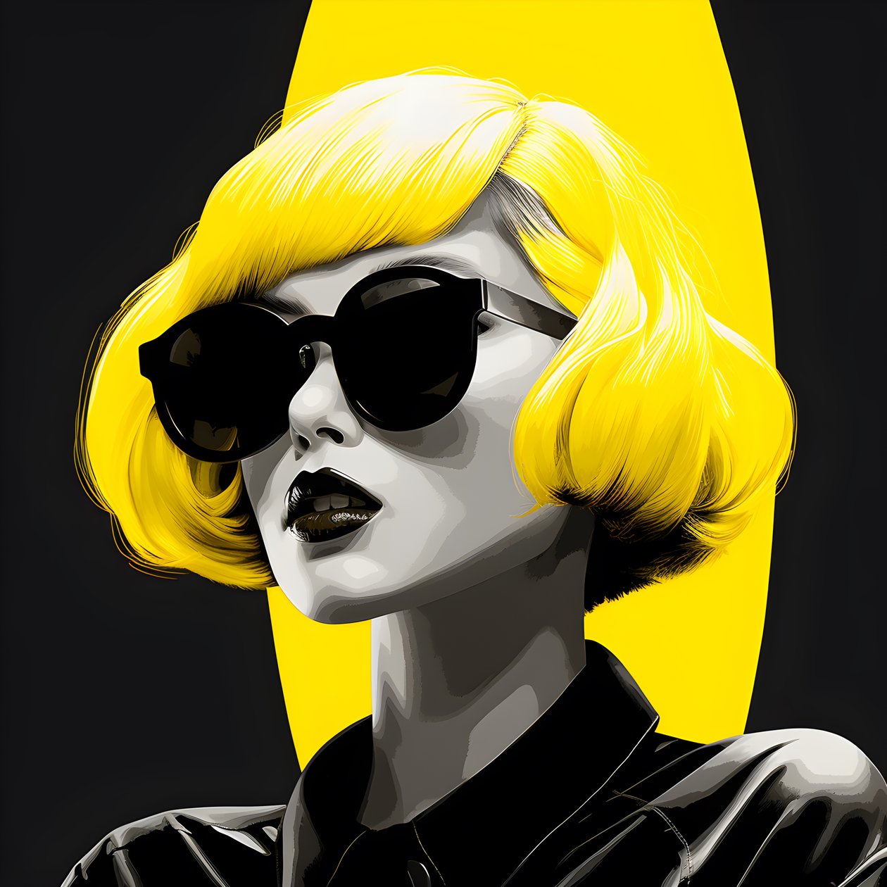 een illustratie van een meisje met gele zonnebril, haar in het gezicht en oren, in de stijl van film noir esthetiek 1 door Kurt Heppke