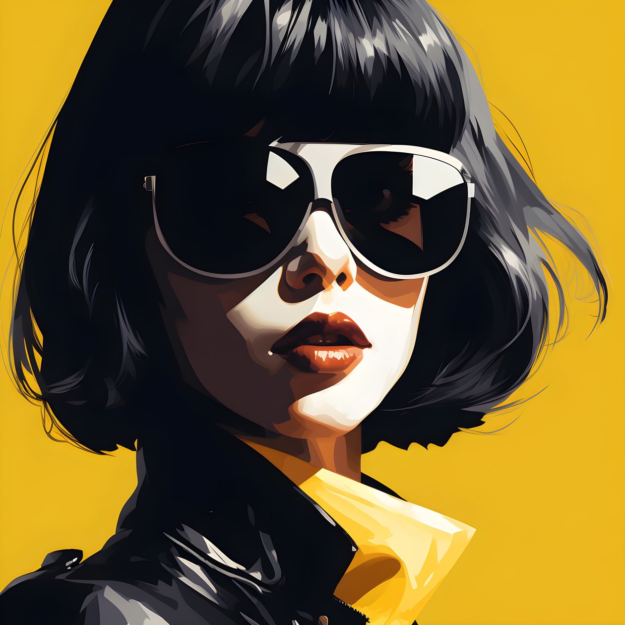 een illustratie van een meisje met gele zonnebril, haar in het gezicht en oren, in de stijl van film noir esthetiek 3 door Kurt Heppke