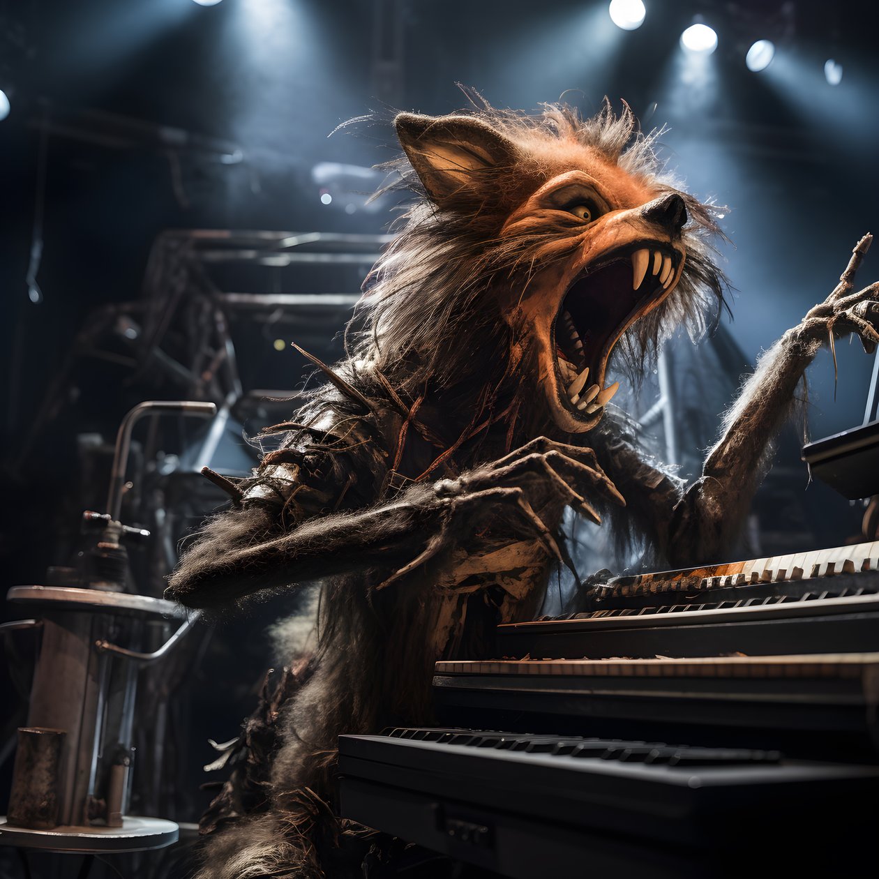 enge, harige, kapotte dierlijke animatronics die muziek uitvoeren op een podium 2 door Kurt Heppke