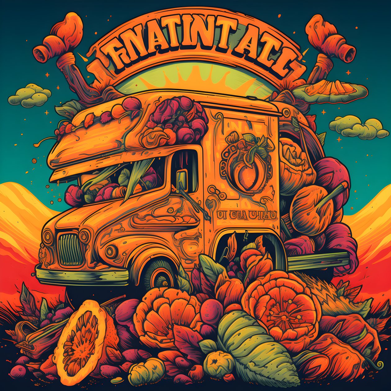 Een artistieke evenementposter voor foodtrucks in een skatepark in Noord-Californië door Kurt Heppke