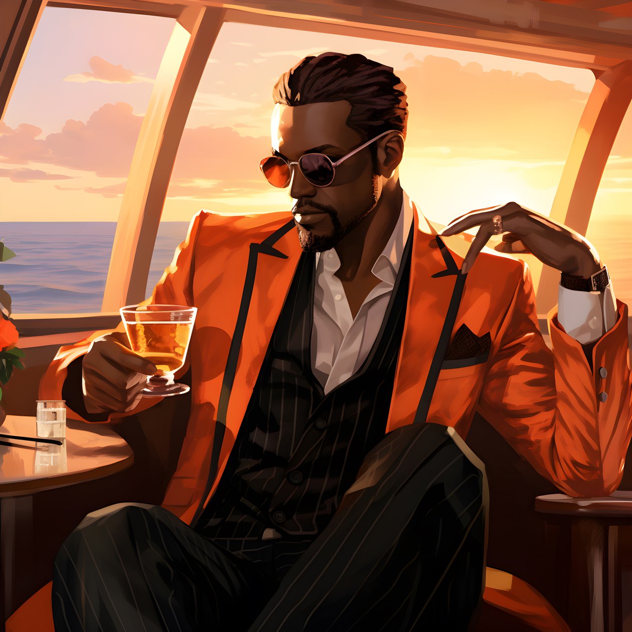 een rijke man, goed gekleed, zit op een privécruiseschip en drinkt een cocktail 2 door Kurt Heppke