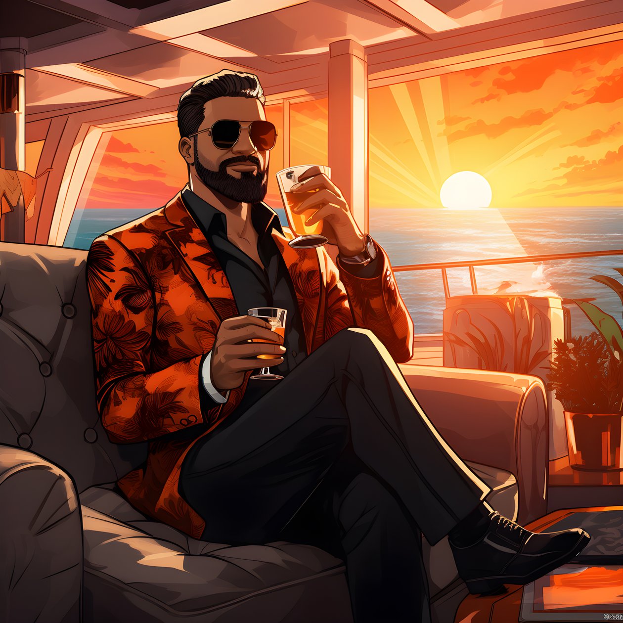 een rijke man, goed gekleed, zit op een privécruiseschip en drinkt een cocktail 3 door Kurt Heppke