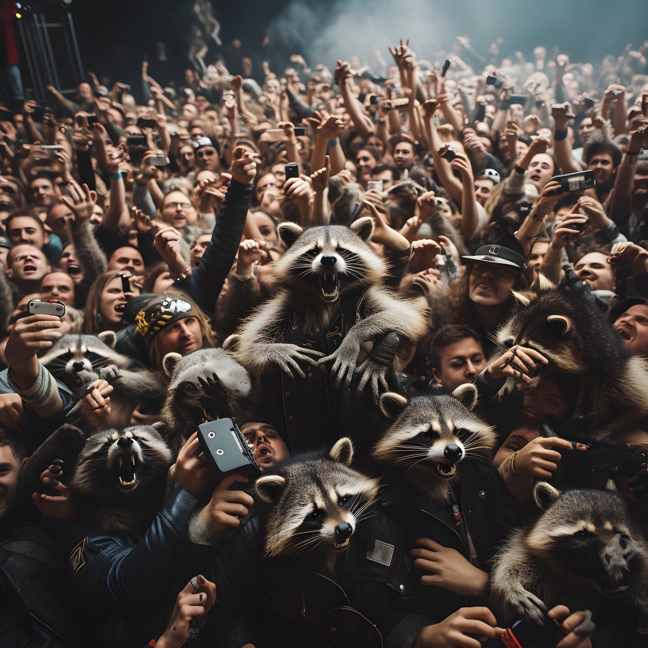 een groep wasberen bij een rockshow door Kurt Heppke