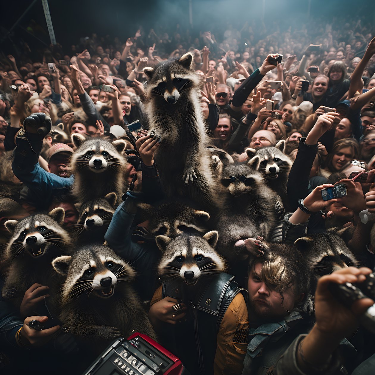 een groep wasberen bij een rockshow door Kurt Heppke