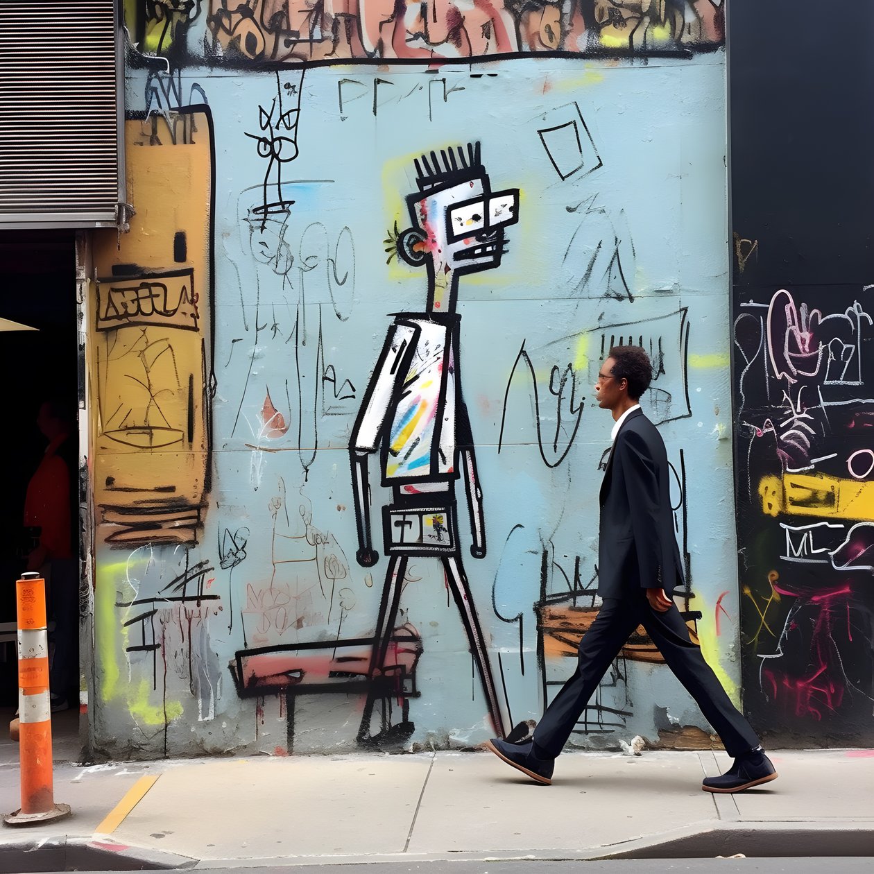 Een geschilderd figuur komt tot leven terwijl het door een straat in New York loopt, surrealistische foto door Kurt Heppke
