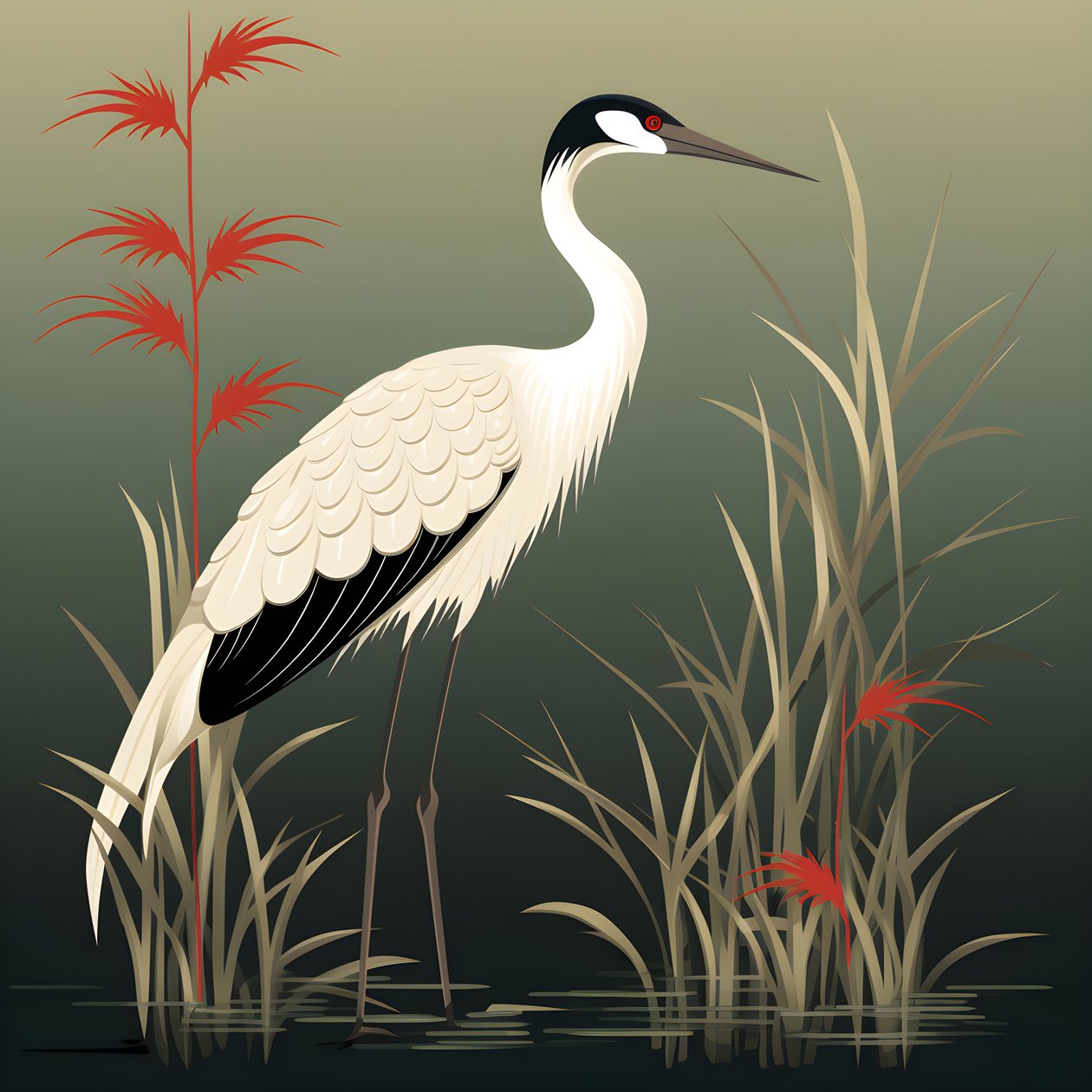Een mooie Japanse illustratie van een kraanvogel en bamboe 4 door Kurt Heppke