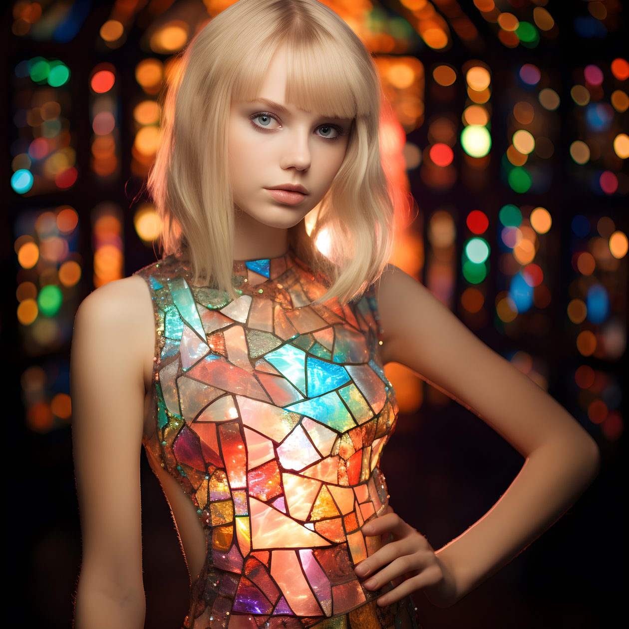 mooi blond meisje van 14 jaar draagt een kleurrijke tiffany-glas-in-lood jurk door Kurt Heppke