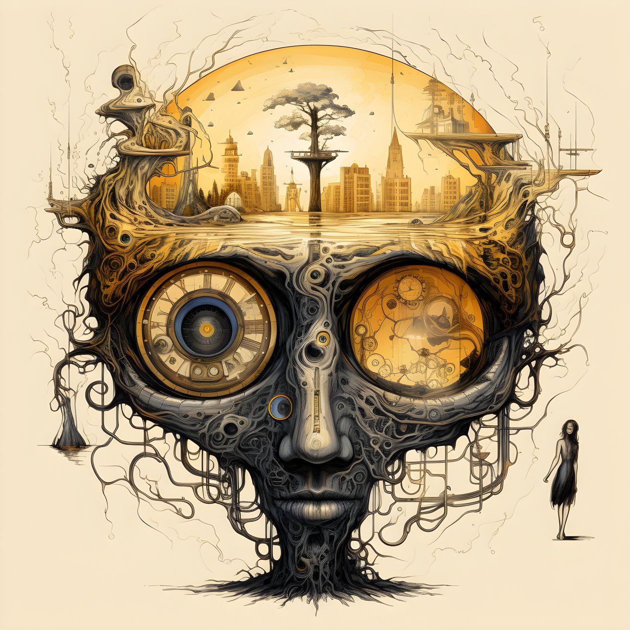 Leonardo da Vinci concept schets album artwork wortel van een boom die uit de grond groeit en als Jack en de bonenstaak naar de hemel reikt 1 door Kurt Heppke