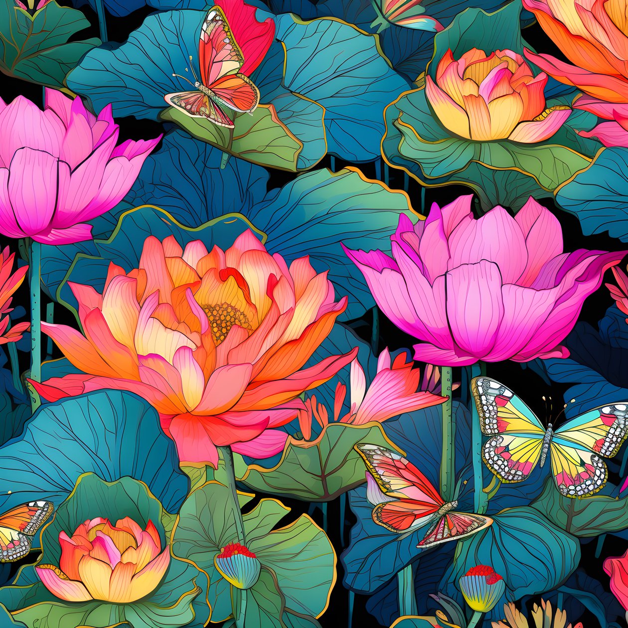 naadloos patroon van lotus bloemen en vlinders door Kurt Heppke
