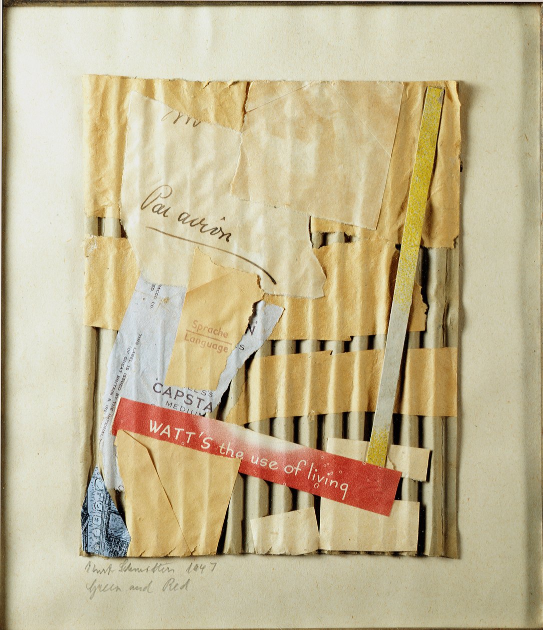 Groen en rood Collage door Kurt Schwitters (1887-1948) 1947 Privécollectie door Kurt Schwitters