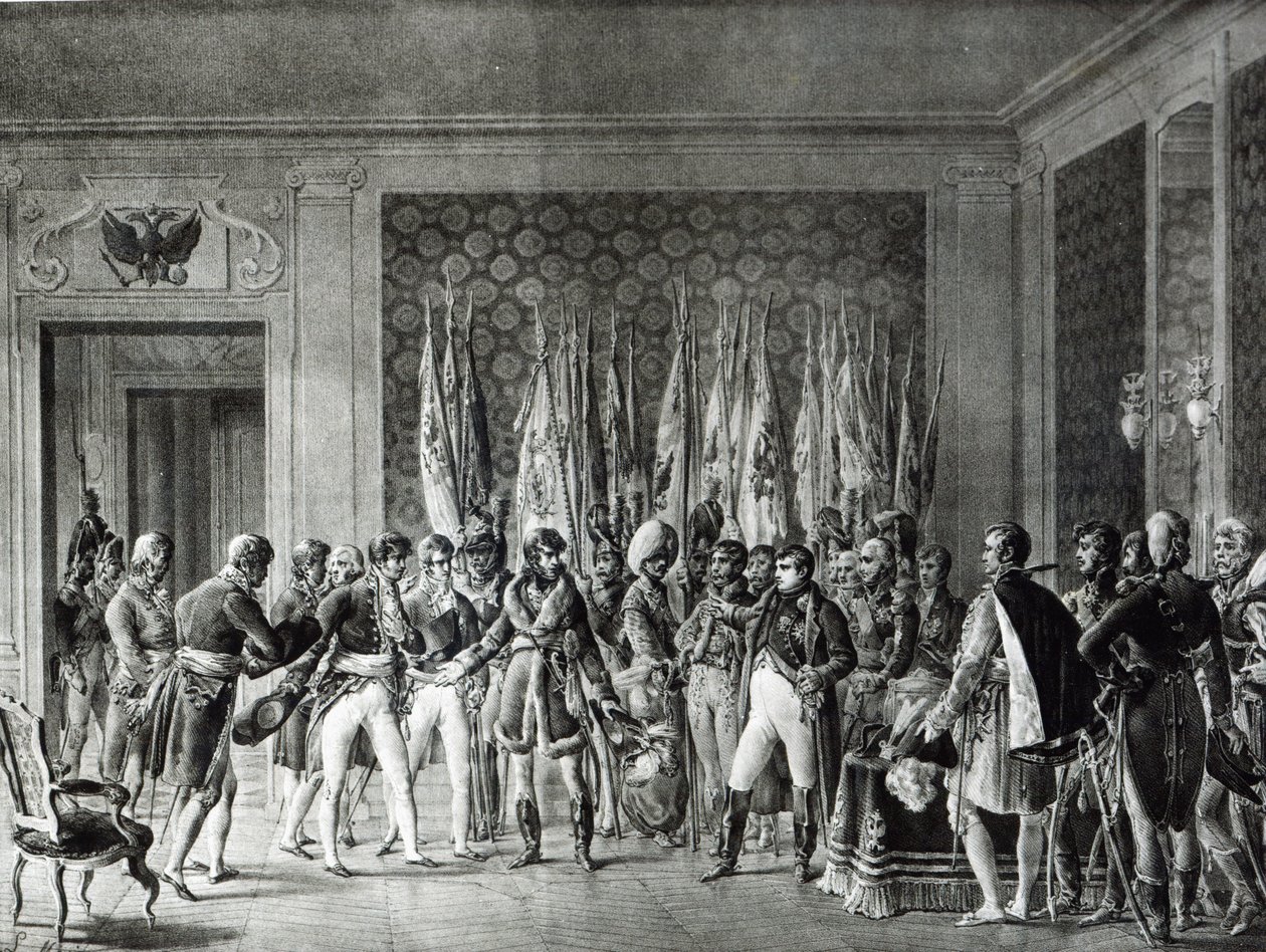 Napoleon geeft de vlaggen gewonnen bij Austerlitz in 1805 aan de burgemeesters van Parijs die hem bezoeken in Schönbrunn door L. Marin