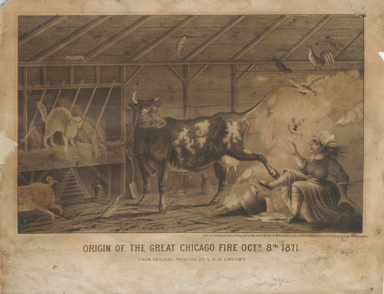 Oorsprong van de grote brand van Chicago 8 oktober 1871, ca. 1872 door L. V. H. after Crosby