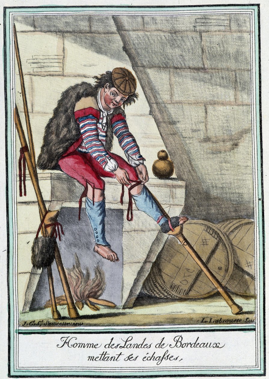 Man uit de Landes de Bordeaux die zijn stelten aantrekt - in "Encyclopédie des voyages" door J. Grasset St Sauveur, Deron, Parijs door L.F. Labrousse