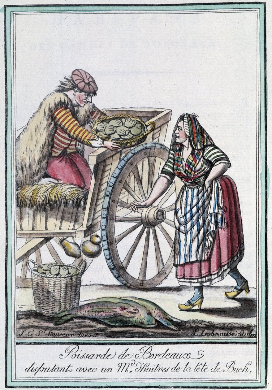 Visvrouw van Bordeaux die ruzie maakt met een oestermakelaar van de kop van Buch - in "Encyclopedie van Reizen" door J. Grasset St Sauveur, Deron, Parijs door L.F. Labrousse