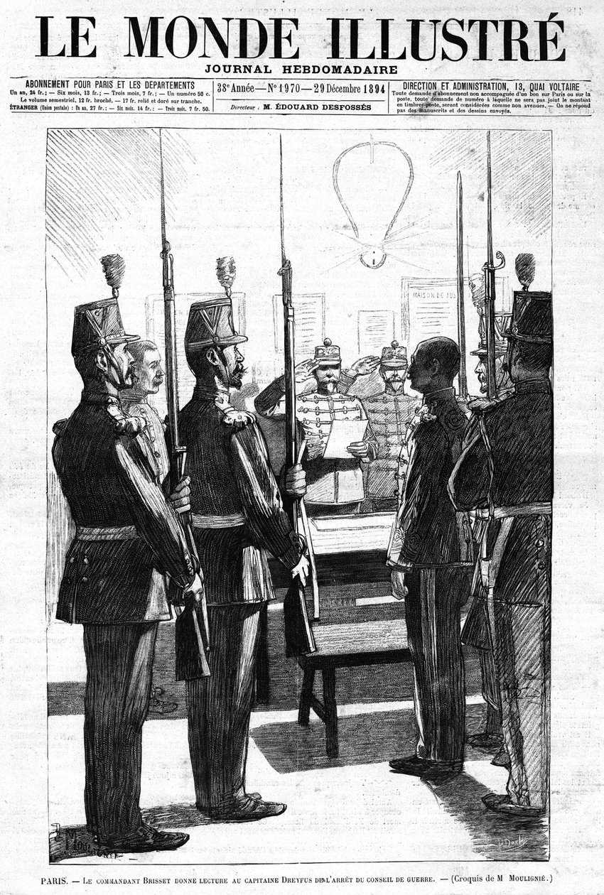 De commandant las, aan kapitein Alfred Dreyfus, het arrest van de krijgsraad, Parijs. Schets van de heer de Moulignie. In "Le Monde Illustré" Weekblad nr. 1970 van 29 december 1894. door L. Moulignie