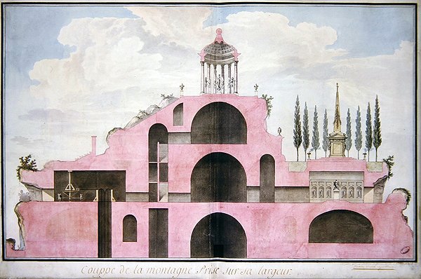 Doorsnede van een project voor een kunstmatige berg ter ere van het Festival van de Rede in een openbaar park in Bordeaux door L. Dutourd