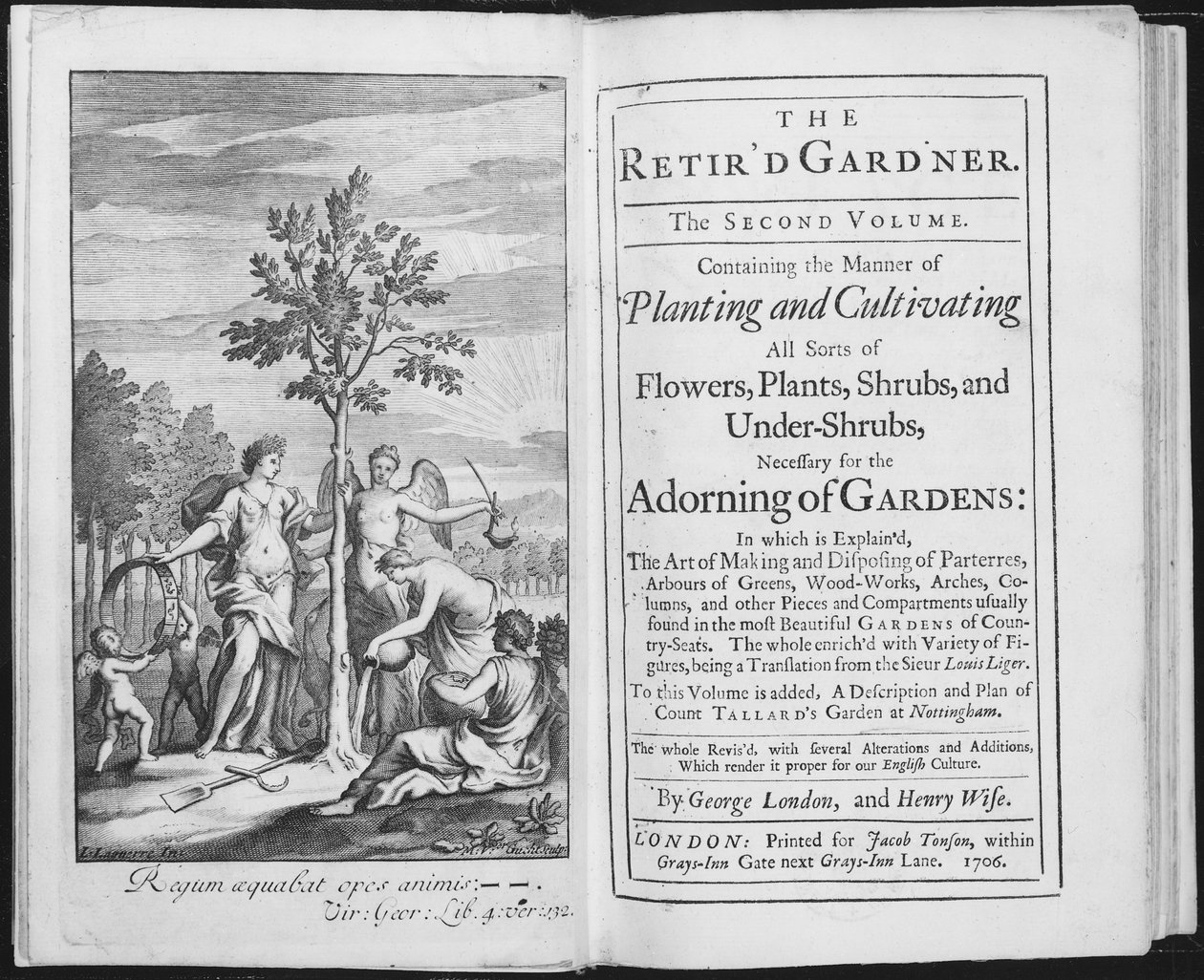 Frontispice van The Retird Gardener door George London en Henry Wise, gegraveerd door Van der Gucht, 1706 door L. Laguerre