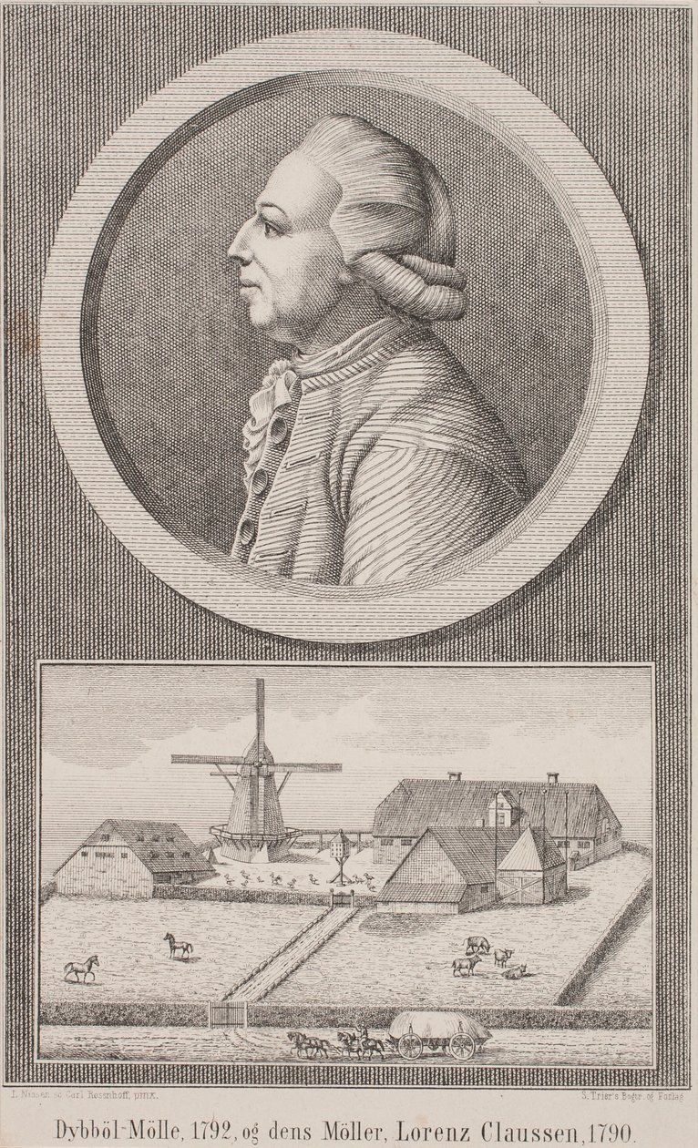 Dybbøl molen, 1792, en zijn molenaar Lorenz Claussen, 1790 door L. Nissen