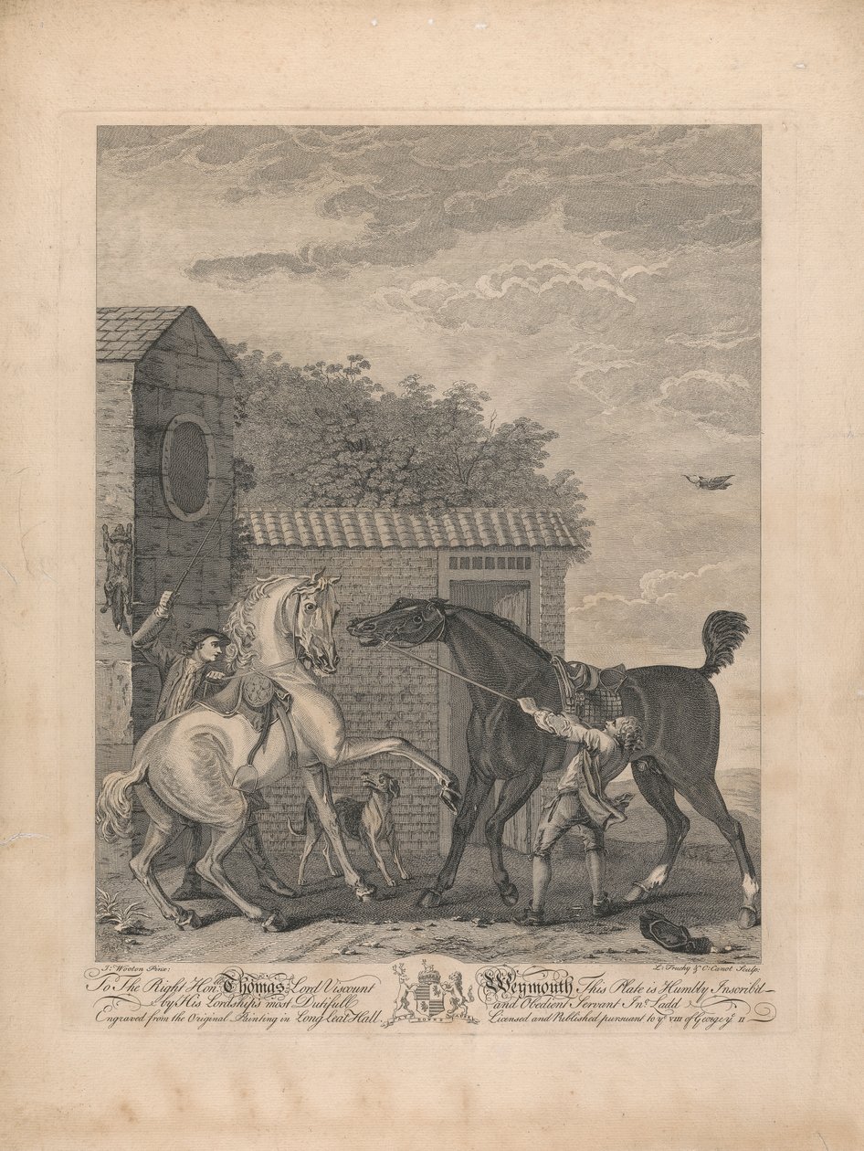 Een set van zeven, ongetiteld, elk opgedragen: Aan de Zeer Eerwaarde Thomas Lord Viscount Weymouth...van het Originele Schilderij in Long Leat Hall. [Twee paarden die onrustig buiten een stal staan...] door L. Truchy